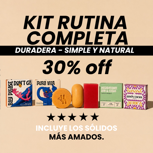 Kit rutina completa: shampoo, acondicionador, desodorante, jabón corporal y facial.