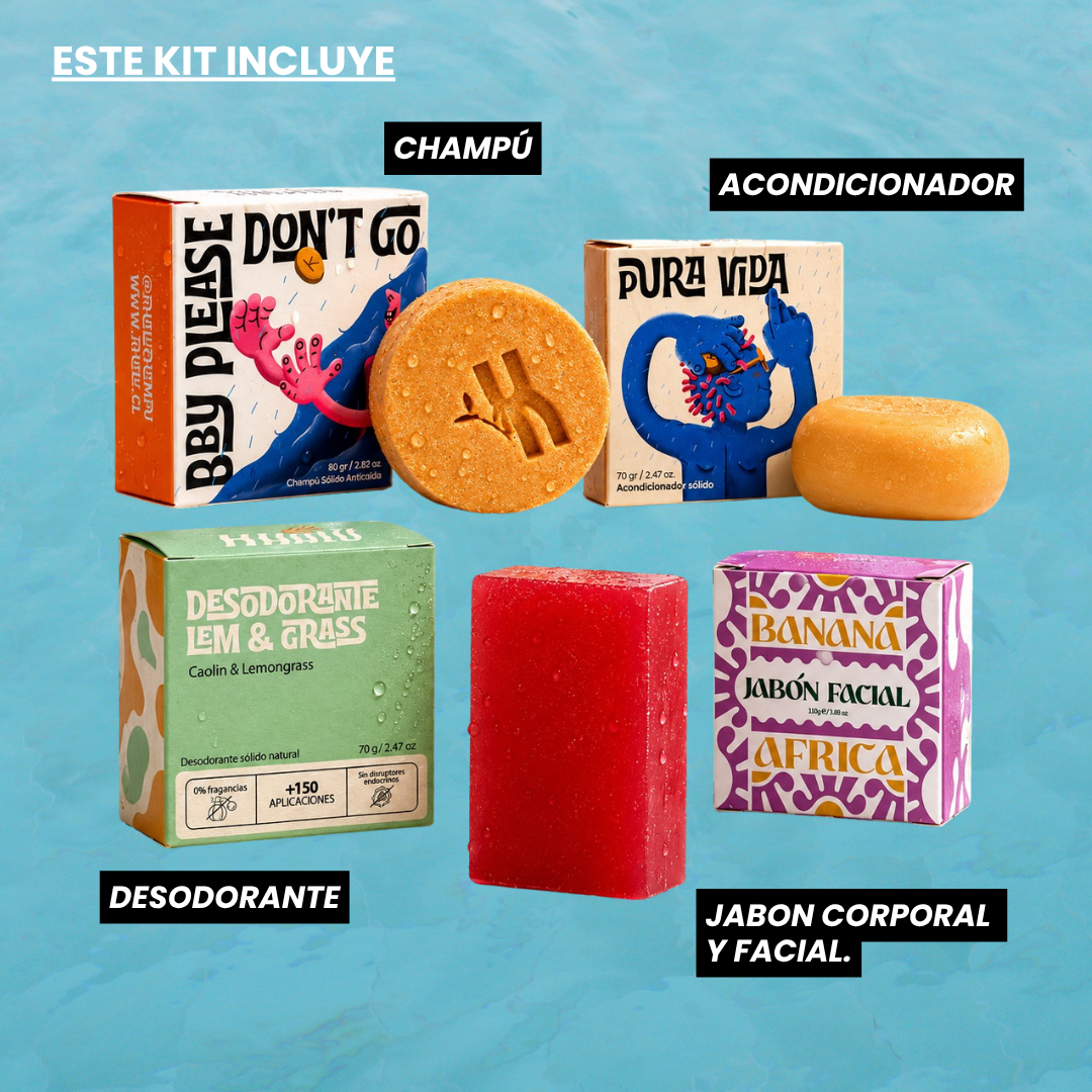 Kit rutina completa: shampoo, acondicionador, desodorante, jabón corporal y facial.