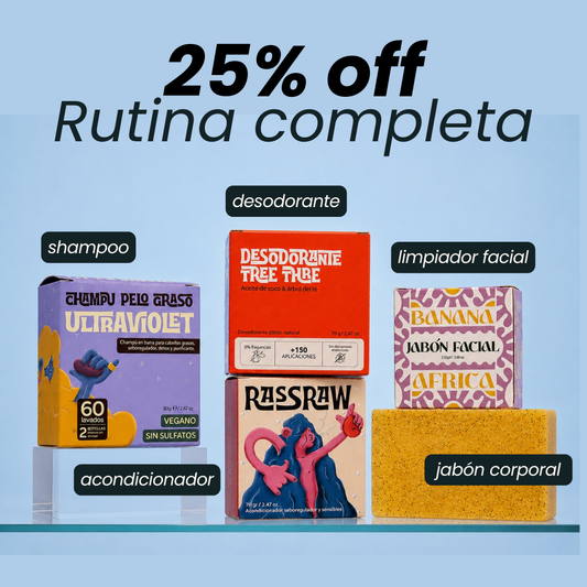 Rutina completa: shampoo, acondicionador, desodorante, jabón corporal y facial.