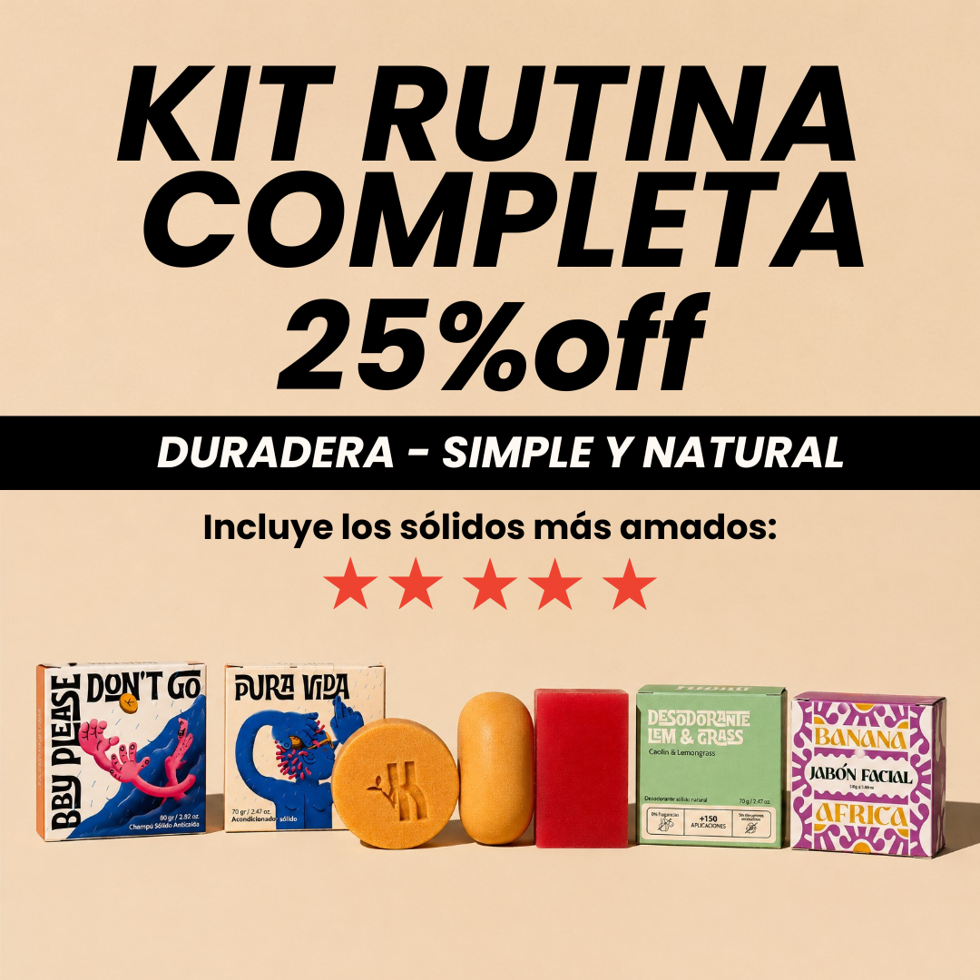 Kit rutina completa: shampoo, acondicionador, desodorante, jabón corporal y facial.