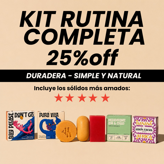 Kit rutina completa: shampoo, acondicionador, desodorante, jabón corporal y facial.