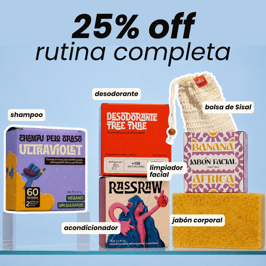 Rutina completa: shampoo, acondicionador, desodorante, jabón corporal, limpiador facial y bolsa de sisal